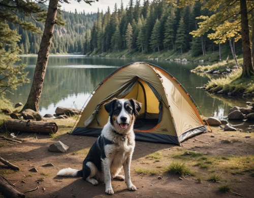 dog camping with a tent by a lake